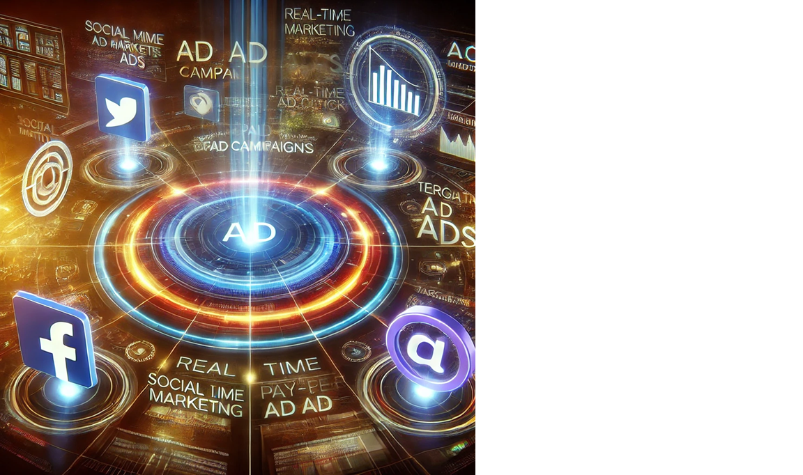 A futuristic and dynamic illustration representing paid ad campaigns. The image features a glowing digital marketing dashboard displaying real-time ad analytics, engagement metrics, and budget tracking. Floating elements like social media ads, pay-per-click icons, and targeting tools are highlighted, emphasizing strategic ad placement and performance optimization.