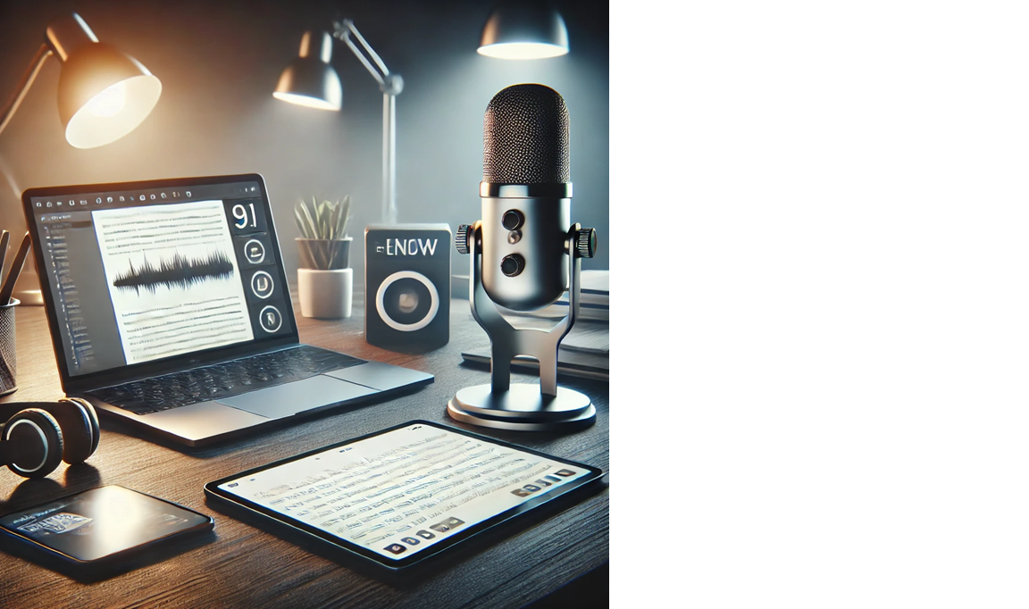 A modern content creation workspace featuring a large condenser microphone on a wooden desk, surrounded by a laptop displaying audio waveforms, a tablet with text and media controls, a smartphone, and a pair of headphones. The space is illuminated by two stylish desk lamps, with a speaker, books, and a potted plant adding to the aesthetic.