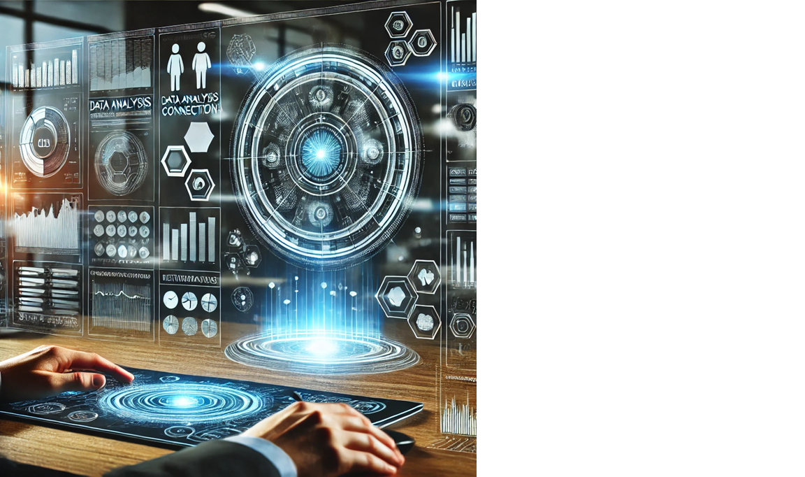 A futuristic digital interface displaying advanced data analysis and technical consulting concepts. A person interacts with a high-tech holographic screen filled with analytics, graphs, and hexagonal icons, symbolizing IT consulting, cybersecurity, and system optimization.