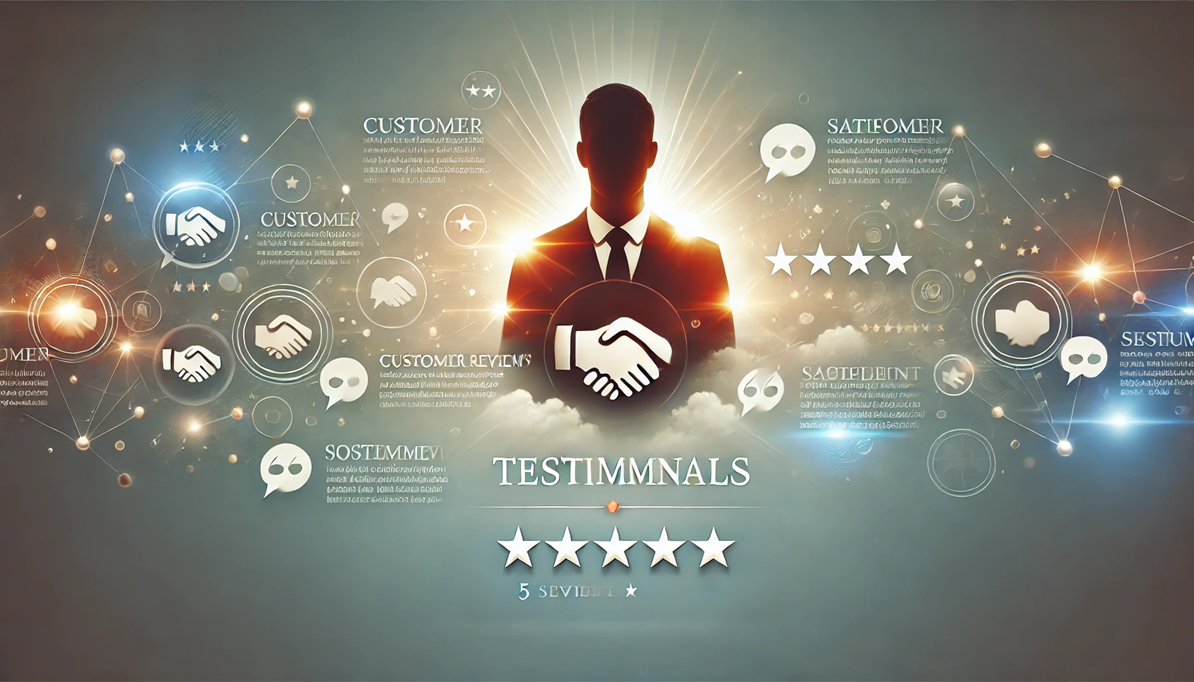 A professional and visually striking testimonial-themed digital illustration. A silhouette of a businessperson in a suit stands at the center, illuminated by a glowing light. Surrounding them are interconnected icons representing customer feedback, handshake symbols, star ratings, and speech bubbles, symbolizing client testimonials and positive reviews. The word 